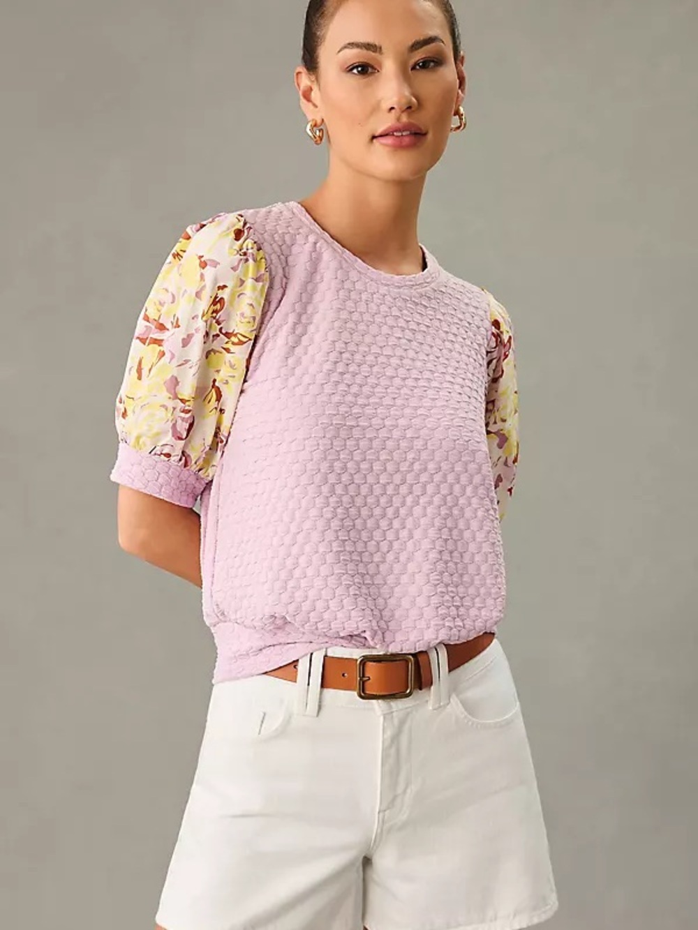 Lilac Textured Puff-Sleeve Blouse with Floral Accent